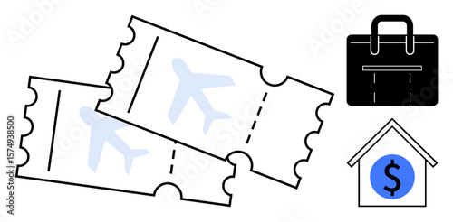 Two flight tickets with airplane graphics, black briefcase, and house with financial icon. Ideal for air travel, business planning, budget, tourism, investment logistics and transportation. Simple
