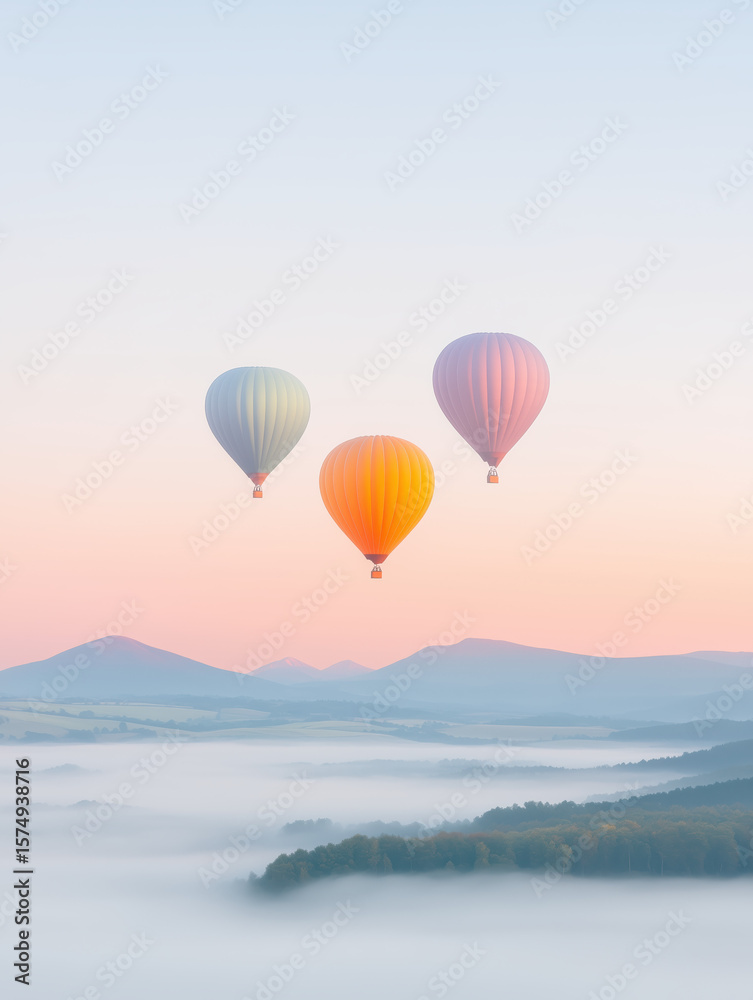 Fototapeta Three hot air balloons floating above a misty landscape at sunrise. Dreamy escape and freedom in pastel skies