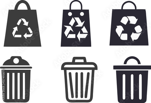 Collection of simple flat design icons representing recycling shopping bags and trash cans for environmental awareness and waste management concepts