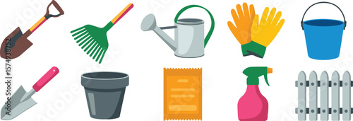 Gardening tools including shovel rake watering can gloves bucket trowel pot seed packet spray bottle and fence 2025 bundle set download