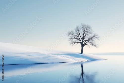 Bare tree on snow covered hill beside calm water with reflection winter landscape