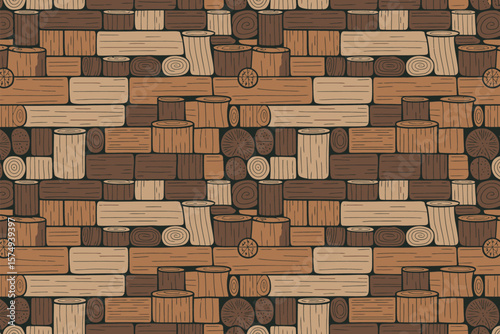 A seamless pattern featuring stylized wooden logs and tree stumps in varying shades of brown and beige
