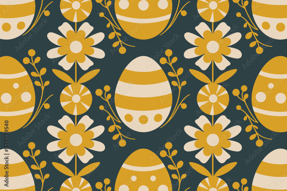 Pattern featuring easter eggs and flowers in yellow and white on a dark teal background design repeat