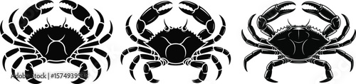 Three black silhouette crabs with claws raised