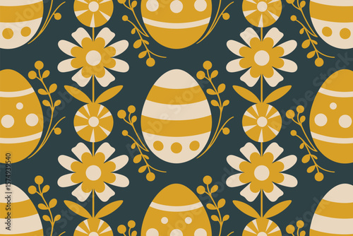 Pattern featuring easter eggs and flowers in yellow and white on a dark teal background design repeat
