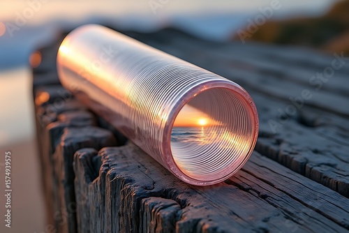 Clear plastic tube reflecting ocean sunset on weathered wood transparent cylinder