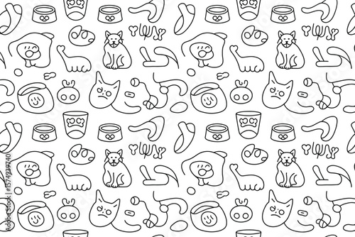 A seamless pattern featuring various pet related doodles including cats dogs food bowls and toys in black and white