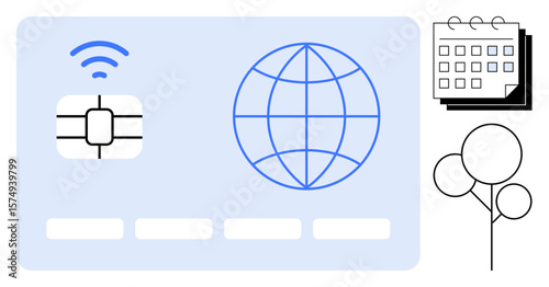 Credit card with chip and wireless signal, globe icon for global connectivity, calendar, and balloons. Ideal for digital payment, online banking, event planning, networking, celebration security