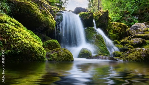 mountain waterfall among moss covered rocks