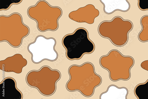 A seamless pattern with brown black and white amoeba shapes on a beige background with a thin outline