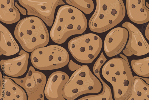 A seamless pattern of cartoon chocolate chip cookies on a dark background in an overhead view style