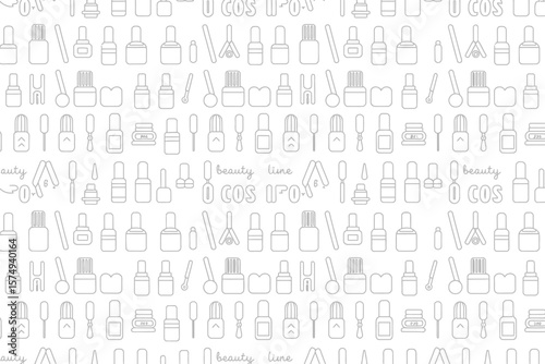 Seamless pattern of beauty products and cosmetics in outline style on a white background design element