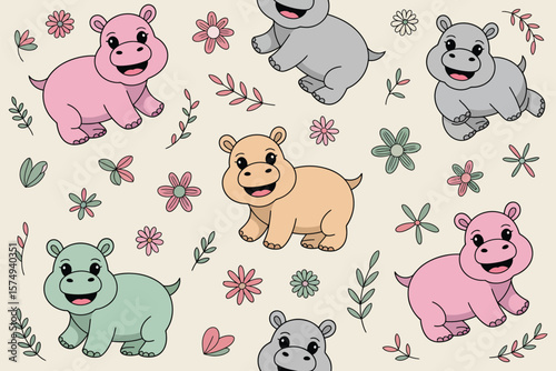 Seamless pattern with cute cartoon hippos in different colors and flowers on a light beige background