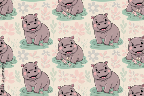 Seamless pattern featuring cartoon hippos in water with floral background in pastel colors design