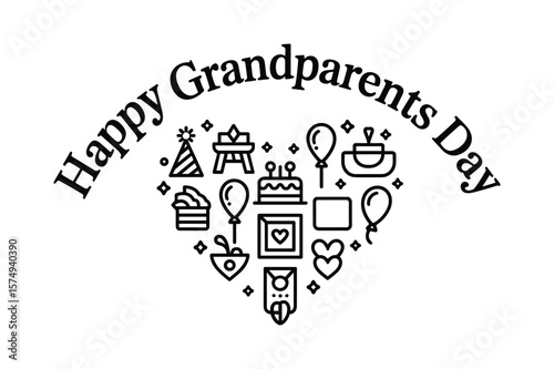 Happy Grandparents Day Celebration Icons Forming a Heart Silhouette party hat cake