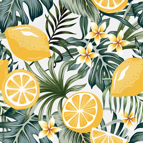 Yellow lemons, tropical palm leaves, flowers seamless pattern. Summer print.	