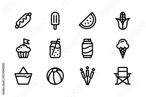 Summer picnic icons hot dog popsicle watermelon corn cupcake drink can ice cream cone basket beach ball darts