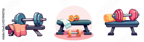 Dumbbells on bench near towel in colorful gym illustration  