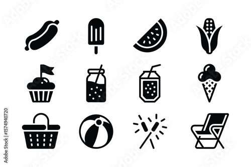 Summer picnic food and recreation icons hot dog popsicle