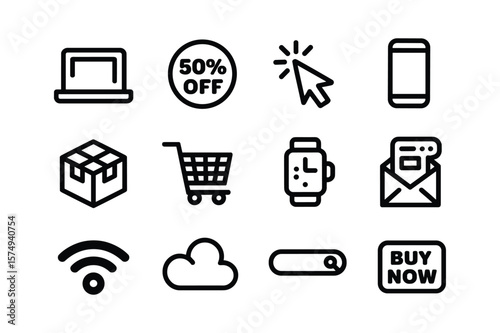 Laptop smartphone shopping cart smartwatch envelope wifi cloud search bar buy now button