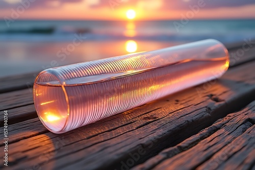 Glass tube filled with liquid on wooden planks with sunset ocean background water