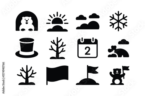 Groundhog Day icons including bear in burrow sun snowflake top hat bare tree calendar elephant and flags