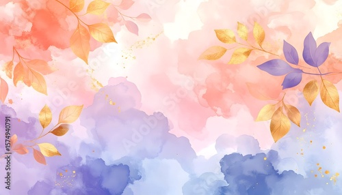 Artistic Watercolor Painting with Gold Foil Leaves and Pastel Clouds