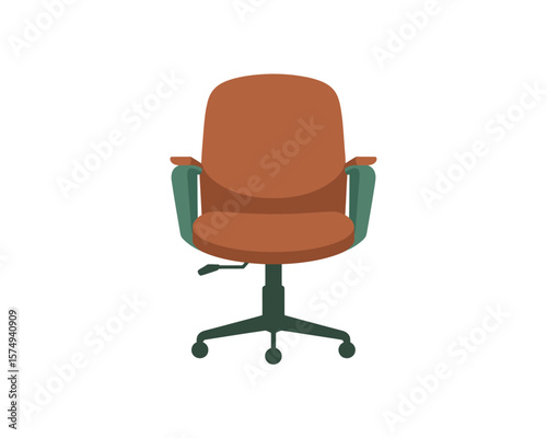 Flat Design Terracotta Office Chair with Teal Armrests and Dark Base on White