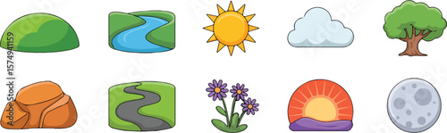 Green hill blue river yellow sun white cloud brown tree orange rock winding path purple flowers sunset moon 2025 bundle set download