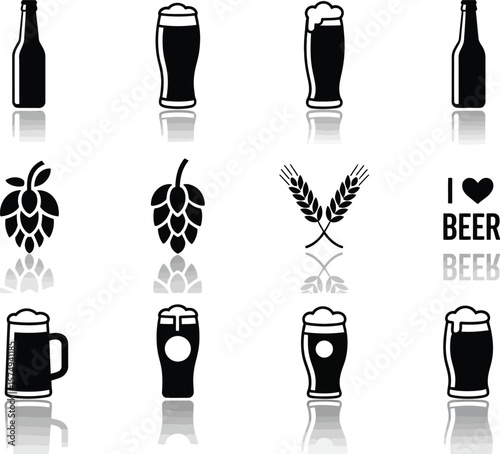 Beer Lover Icon Grid – Monochrome Beer Symbols with Mirrored Effect for Bar and Pub Design