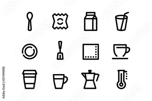 Spoon packet milk carton drinking glass plate spatula napkin coffee cup travel mug beer mug coffee maker thermometer