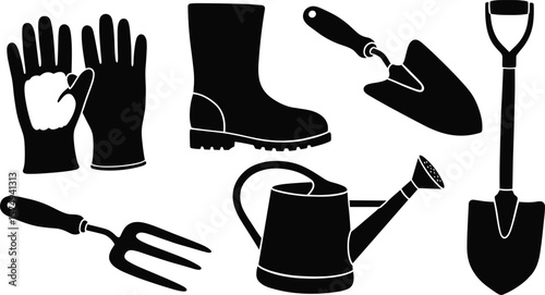 Gardening tools icons black silhouette graphic design elements set isolated white background