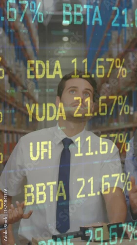 Animation of stock market over people working in warehouse