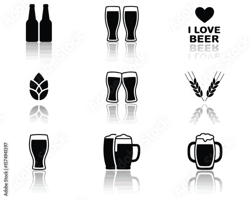 Beer Icons with Reflections – Bottles, Glasses, Hops, Wheat, and Beer Quote