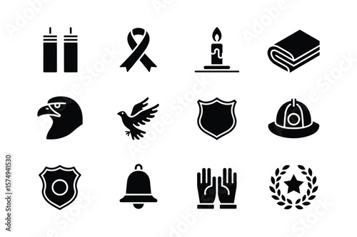 Collection of memorial and recognition symbols icons silhouette