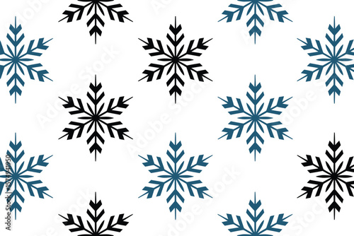 A seamless pattern featuring alternating black and blue snowflakes on a white background creating a wintery design