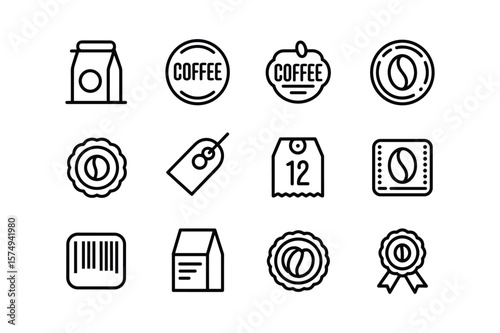 Coffee related icons including bags beans labels and barcode vector
