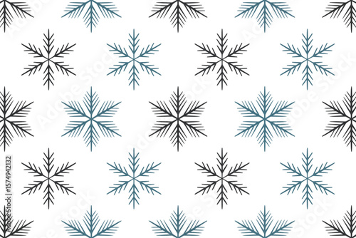 A repeating pattern of black and blue snowflakes on a white background in a symmetrical arrangement