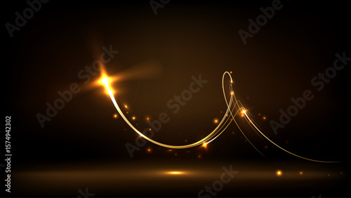 Festive gold light line. With fine particles of stardust, a golden ribbon winds around a dark background with a fine sprinkling of stars. curved light line, rope, ribbon.