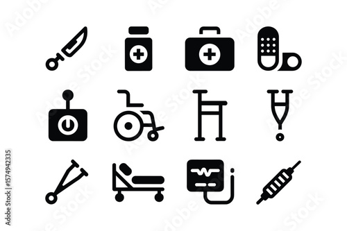 Medical equipment icons including a scalpel wheelchair crutches and syringe healthcare