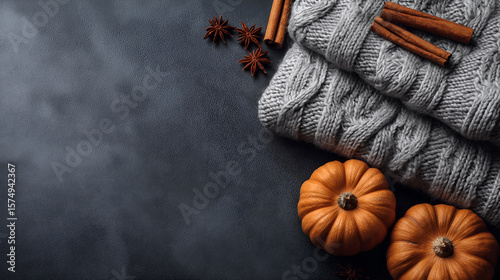Cozy Autumn Still Life: A rustic arrangement featuring a stack of chunky knit sweaters, miniature pumpkins, cinnamon sticks, and star anise, creating a warm and inviting autumnal scene.