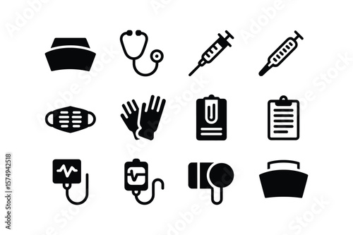 Medical icons including stethoscope syringe mask gloves clipboard and iv bag healthcare