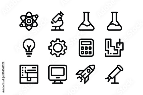 Scientific and technological icons featuring atom microscope flask light bulb gear calculator circuit board