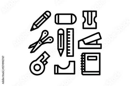 School supplies collection silhouette pencil eraser