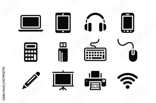 Laptop tablet headphones smartphone calculator flash drive keyboard mouse pencil projector printer wifi