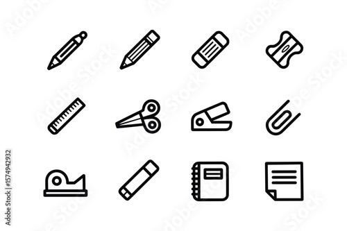 Stationery icons pen pencil eraser sharpener ruler scissors stapler paperclip tape dispenser notebook document