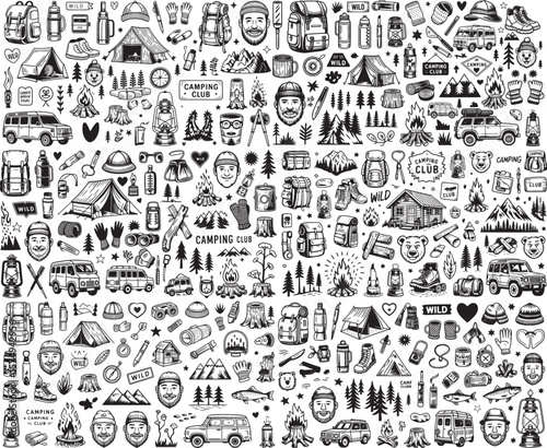 Camping, hiking doodle set collection bundle icon. Hand-drawn forest adventure elements, including tents, backpacks, campfires, mountains, knives, etc. Vector illustration, Black and white silhouette.
