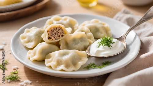 A delicious close-up of a plate of freshly made vareniki (or dumplings), some of which have been cut open to reveal the juicy meat filling. A spoonful of thick white sour cream garnished with fresh di