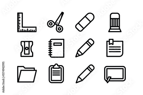 School Supplies Icons Silhouette stationery ruler