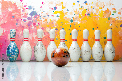 Wallpaper Mural Bowling ball and pins arranged in front of colorful splatter painted abstract background Torontodigital.ca